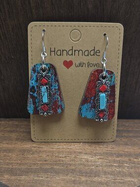 NWT Wood Faux Turquoise Earrings Pierced Silver Tone Faux Turquoise Western OOAK